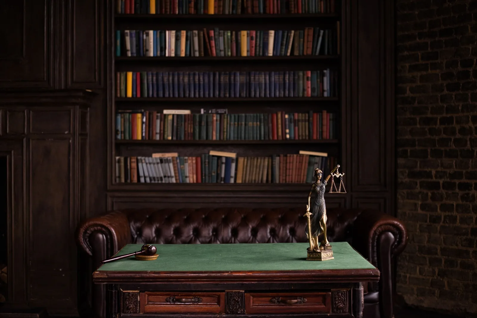 A dark wood library with a desk in front of the shelves